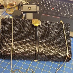 Rodo Italian Vintage Black Leather Purse From Italy Silver 52" Chain Strap